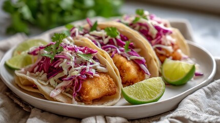 Crispy Fish Tacos with Colorful Slaw and Lime Slices