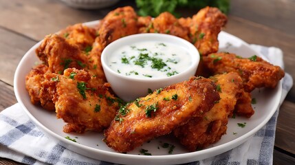 Crispy Chicken Wings with Ranch Dip on a Wooden Table