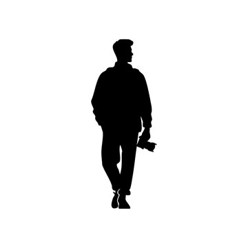 Silhouette vector of a man walking with a camera in hand, perfect for lifestyle and travel themes.

