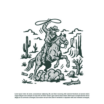 Vintage hand drawn brave cowboy with his horse holding rope vector