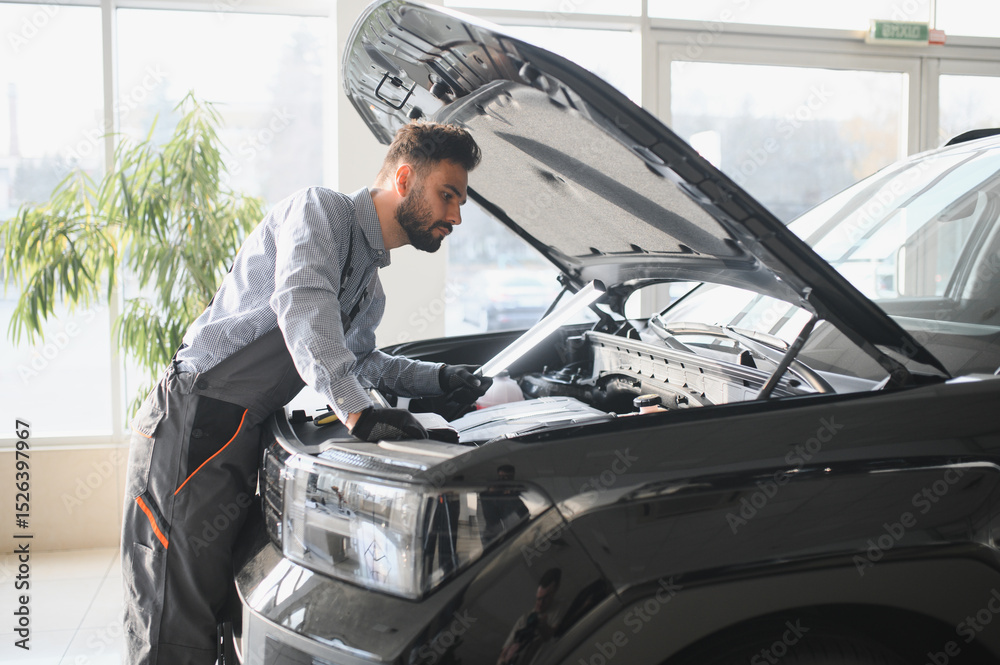 Poster troubleshooting process. auto mechanic working in garage. repair service