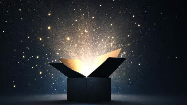 Open black box with golden sparks erupting