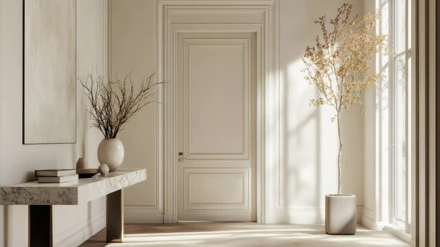 Minimalist classic entryway with marble console, sleek door, and neutral modern decor