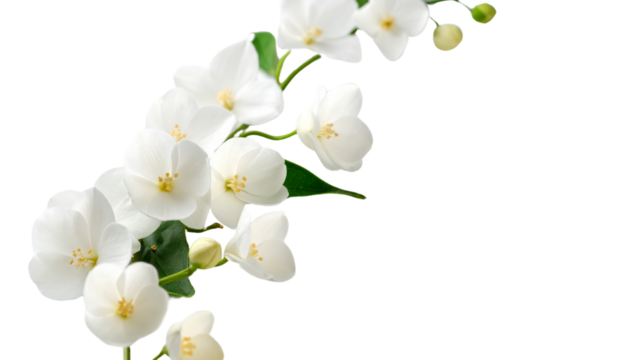 White flowers on white background, delicate floral arrangement with soft petals, minimalistic botanical composition isolated on white backdrop