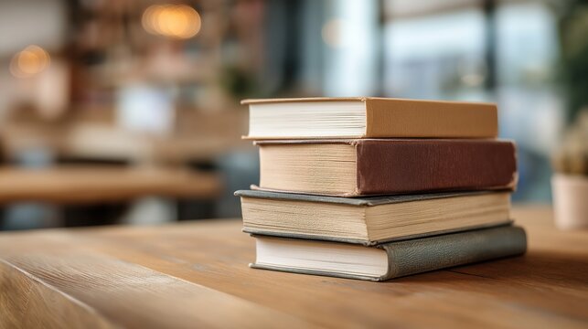 Neat stack of school books on a wooden desk, symbolizing focus and organized learning.