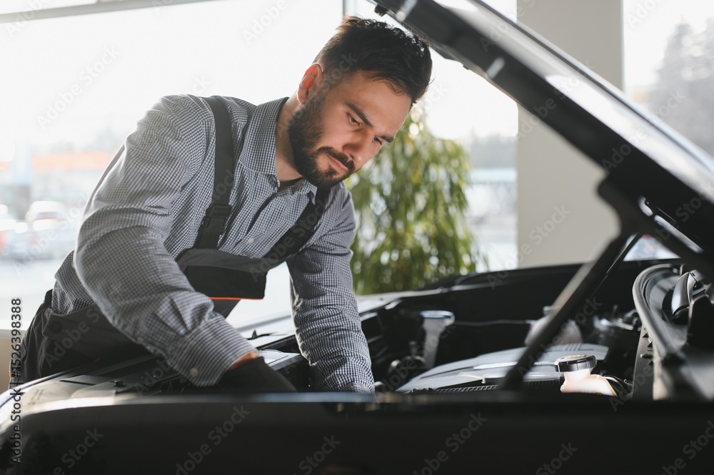 Aufkleber Troubleshooting process. Auto mechanic working in garage. Repair service