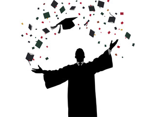 Isolated Silhouette of Graduate Tossing Cap Amidst Confetti Celebration