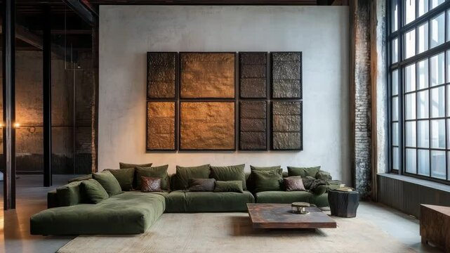 Minimalist loft living room with olive green sectional sofa, textured wall art, and modern decor