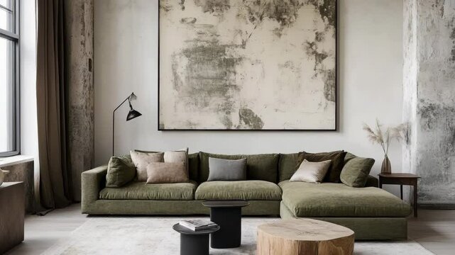 Minimalist loft living room with olive green sectional sofa, textured wall art, and modern decor