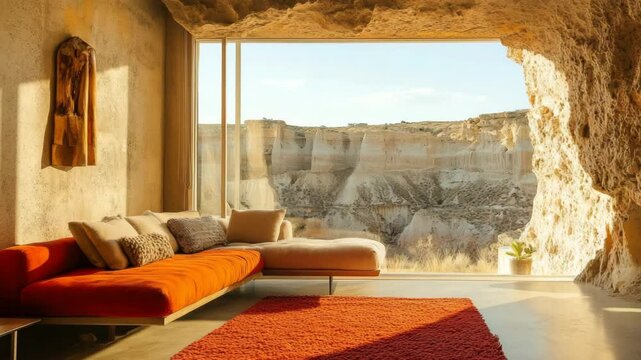 Minimalist loft living room with boucle sofa against textured concrete wall
