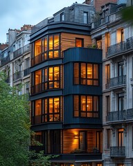 Modern apartment building with warm interior light
