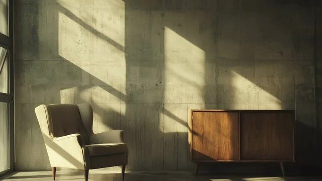 Minimalist loft living room with stylish armchair, wooden cabinet, and concrete wall
