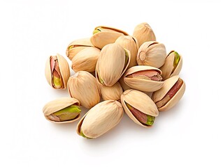 Pile of raw pistachio nuts in shell isolated on white background