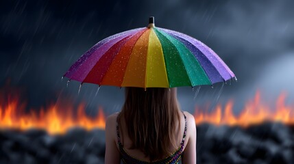 Girl with rainbow umbrella under fire rain