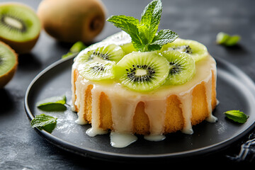 Cake drizzled with kiwi-flavored glaze and garnished with mint leaves. 