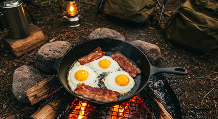 Cooking breakfast outdoors over an open fire with eggs and bacon in a cast iron skillet