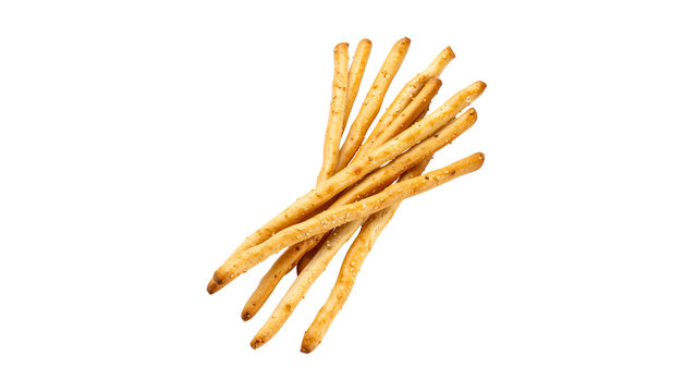 Crispy grissini breadsticks on white background, delicious Italian snack food, crunchy thin breadsticks isolated for culinary use