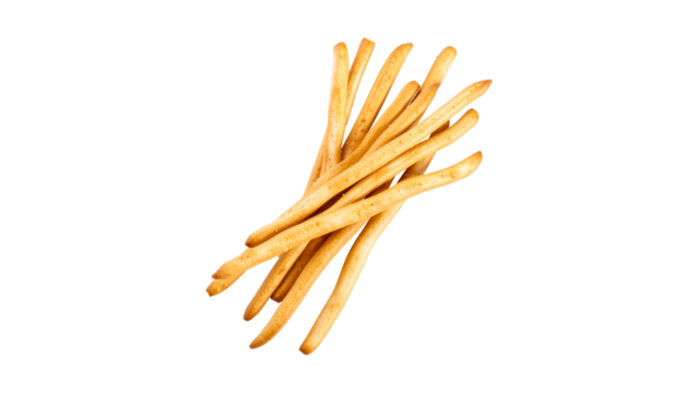 Crispy grissini breadsticks on white background, delicious Italian snack food, crunchy thin breadsticks isolated for culinary use