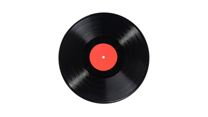 Fototapeta premium Vintage vinyl record with red label on black background, retro music nostalgia, classic analog audio disc isolated on dark backdrop