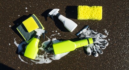 Car cleaning supplies on wet asphalt