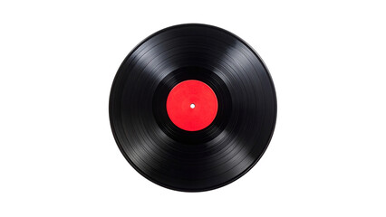 Fototapeta premium Vintage vinyl record with red label on black background, retro music nostalgia, classic analog audio disc isolated on dark backdrop