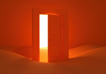 Open doorway with bright light in orange room, concept of opportunity