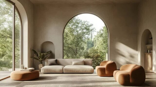 Minimalist modern living room with sofa and terra cotta armchairs by arch windows