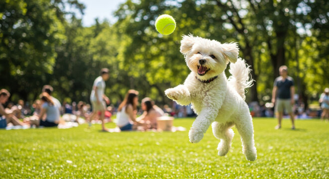 Happy dog jumps to catch a tennis ball during a sunny afternoon at the park with families enjoying time outdoors