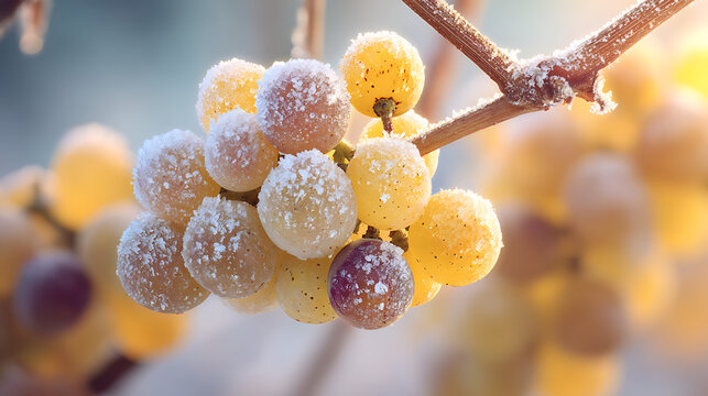 Macro Of Frosted Vidal Blanc Grape With Icy Detail Under Soft Winter Morning Light In Canada - Powered by Adobe