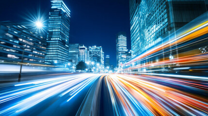 Dynamic city lights streak past modern buildings at night. Urban motion blurs with speed on this vibrant street.