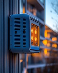 Modern, square, light fixture mounted on a metal pole,  urban setting