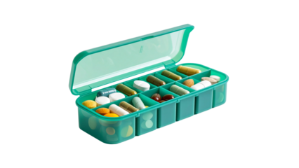 Green pill organizer with assorted pills and tablets, medication container for healthcare and treatment, daily vitamins and prescription management isolated on white background