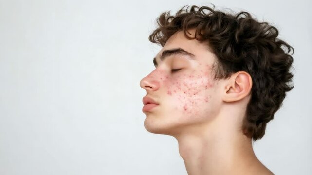 Side profile of young man revealing prominent acne, rosacea affecting facial skin, showcasing dermatological challenges impacting complexion and personal confidence