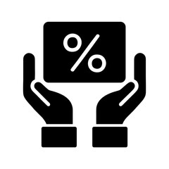 Two hands holding percentage card representing discount – solid black icon