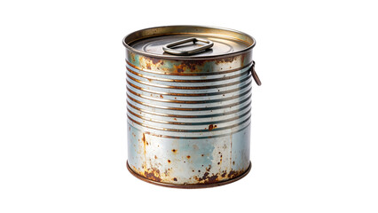 Old metal can food storage container, vintage tin with rustic patina, antique kitchenware isolated on white background