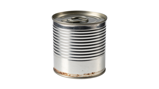 Old metal can food storage container, vintage tin with rustic patina, antique kitchenware isolated on white background