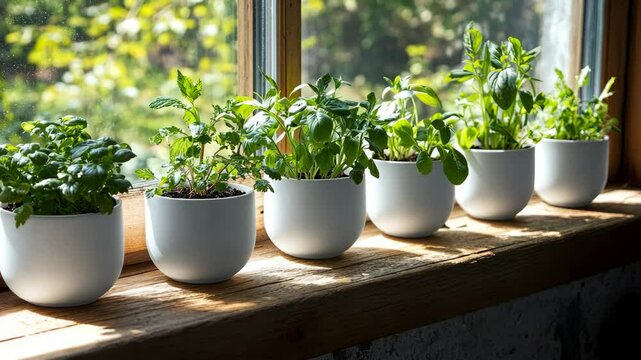 A clean row of minimalist plant pots styled on a sunny windowsill.