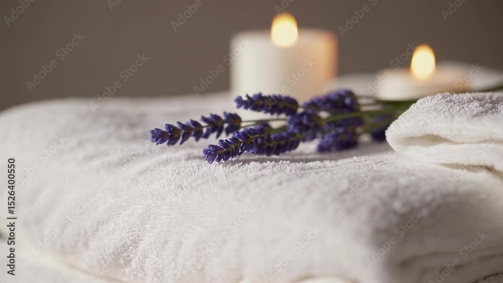 Poster soft white towels are stacked, illuminated by the warm glow of candles in the background, as a sprig