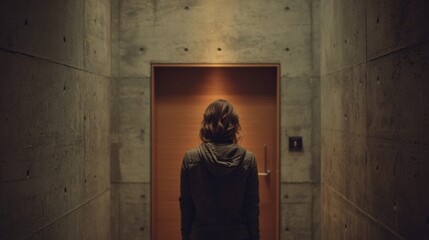 Young woman standing in a dimly lit concrete hallway, contemplating a closed, illuminated wooden door, creating a sense of mystery and anticipation