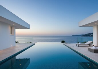 Fototapeta premium Infinity pool at a modern villa overlooking the ocean at dusk