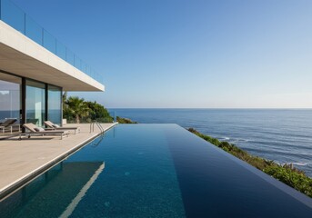 Infinity pool overlooking the ocean from a modern villa on a clear day