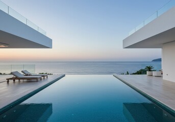 Fototapeta premium Infinity pool overlooking the ocean at sunset with lounge chairs