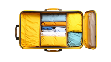 Yellow suitcase open with packing cubes inside, organized travel luggage for efficient packing, colorful baggage storage isolated on white background