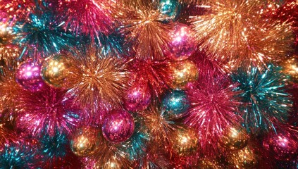 Festive colorful ornaments & tinsel close-up