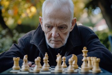 Elderly Man Concentrating on Chess Game Outdoors in Autumn Setting