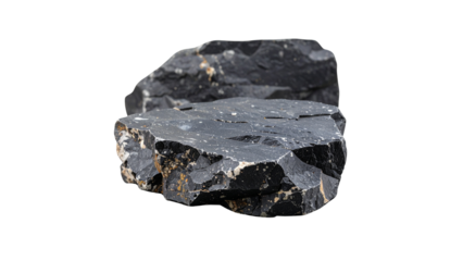 Large grey rock isolated on black background, natural stone with rough texture, geology and nature element for design and decoration