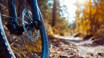 Naklejka premium A mountain bike wheel with a focus on the tire tread and spokes, placed against a trail with trees in the background, Rugged style