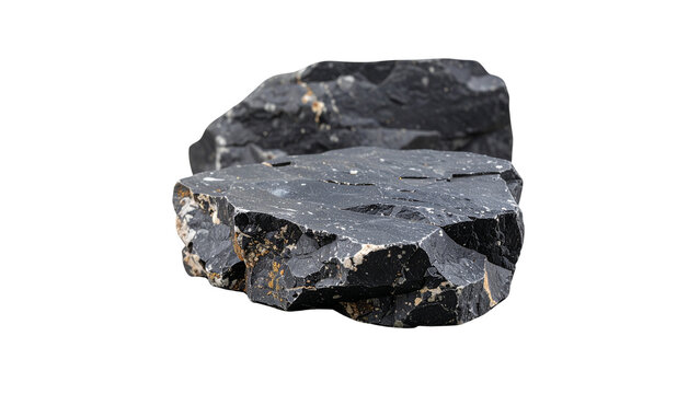 Large grey rock isolated on black background, natural stone with rough texture, geology and nature element for design and decoration