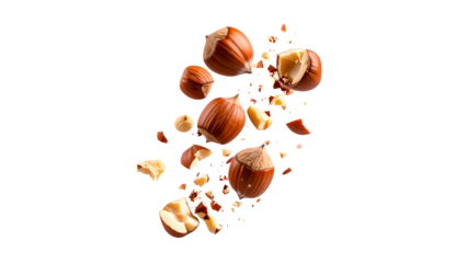 Crushed hazelnuts captured in mid-air explosion, dynamic motion of nut pieces and dust particles, healthy snack ingredient with natural texture isolated on transparent background
