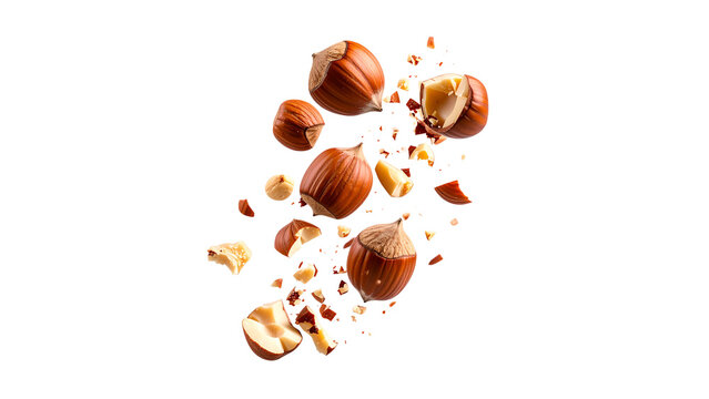 Crushed hazelnuts captured in mid-air explosion, dynamic motion of nut pieces and dust particles, healthy snack ingredient with natural texture isolated on transparent background